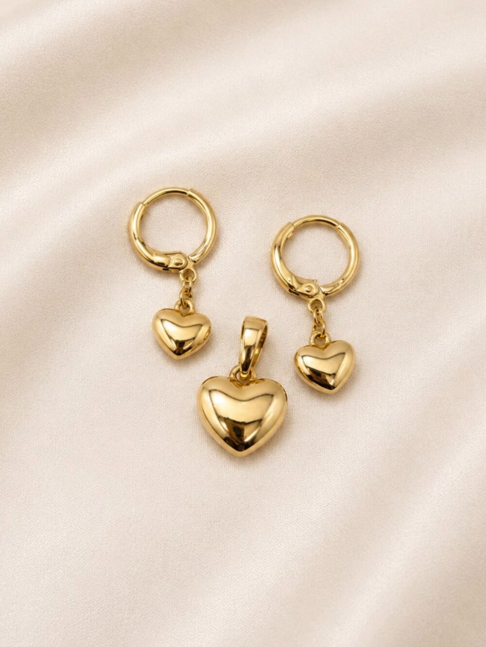 Heart Huggie Hoop Earrings & Matching Heart Pendant Set (2 pcs) Minimalist-NEW ✨